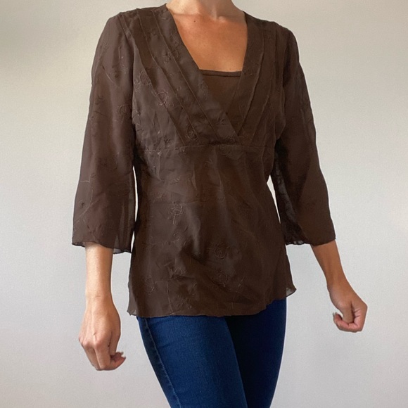 Bohemian Brown Embroidered Chiffon 3/4 Sleeve Top - Picture 5 of 14